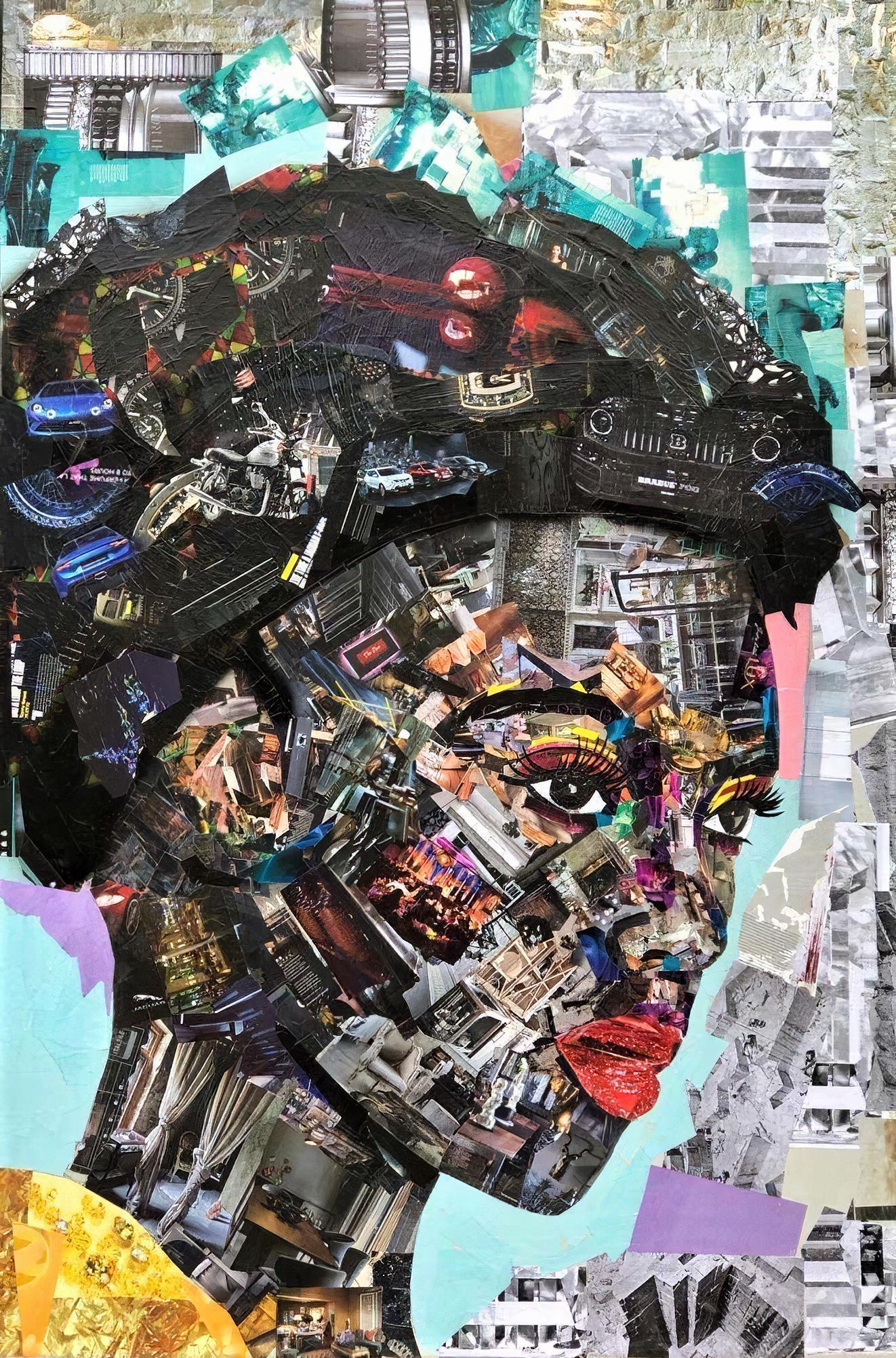 Large Vibrant Collage on Canvas Portrait - Mixed Media Art by Dario Manjate