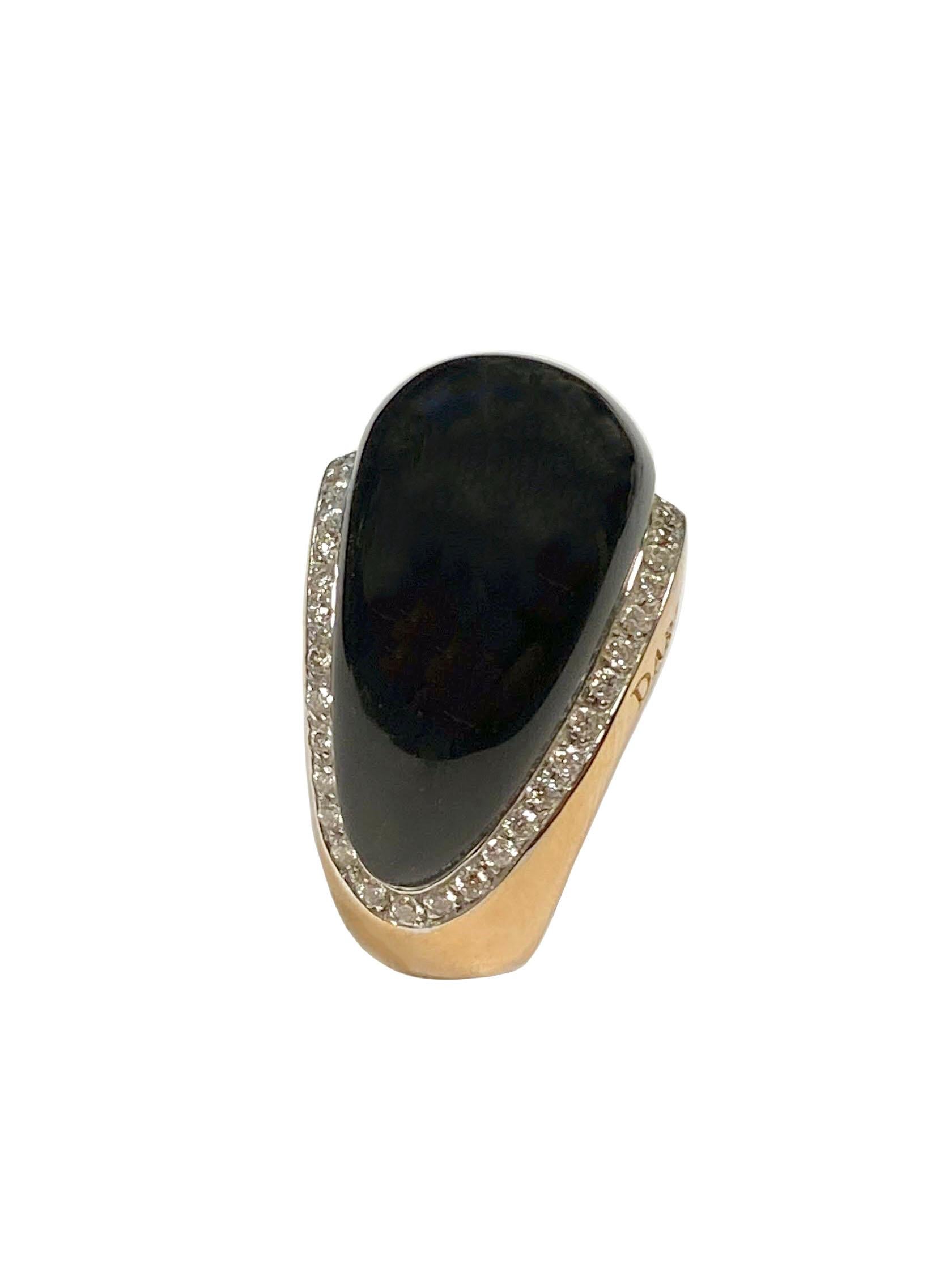 Dario & Peter of Milano Dome Ring, 18K Rose Gold, Black Onyx that is surrounded by Round Brilliant cut Diamonds totaling approximately 1 Carat. The top of the ring measures 7/8 inch across, finger size 6. This ring is new, unworn.