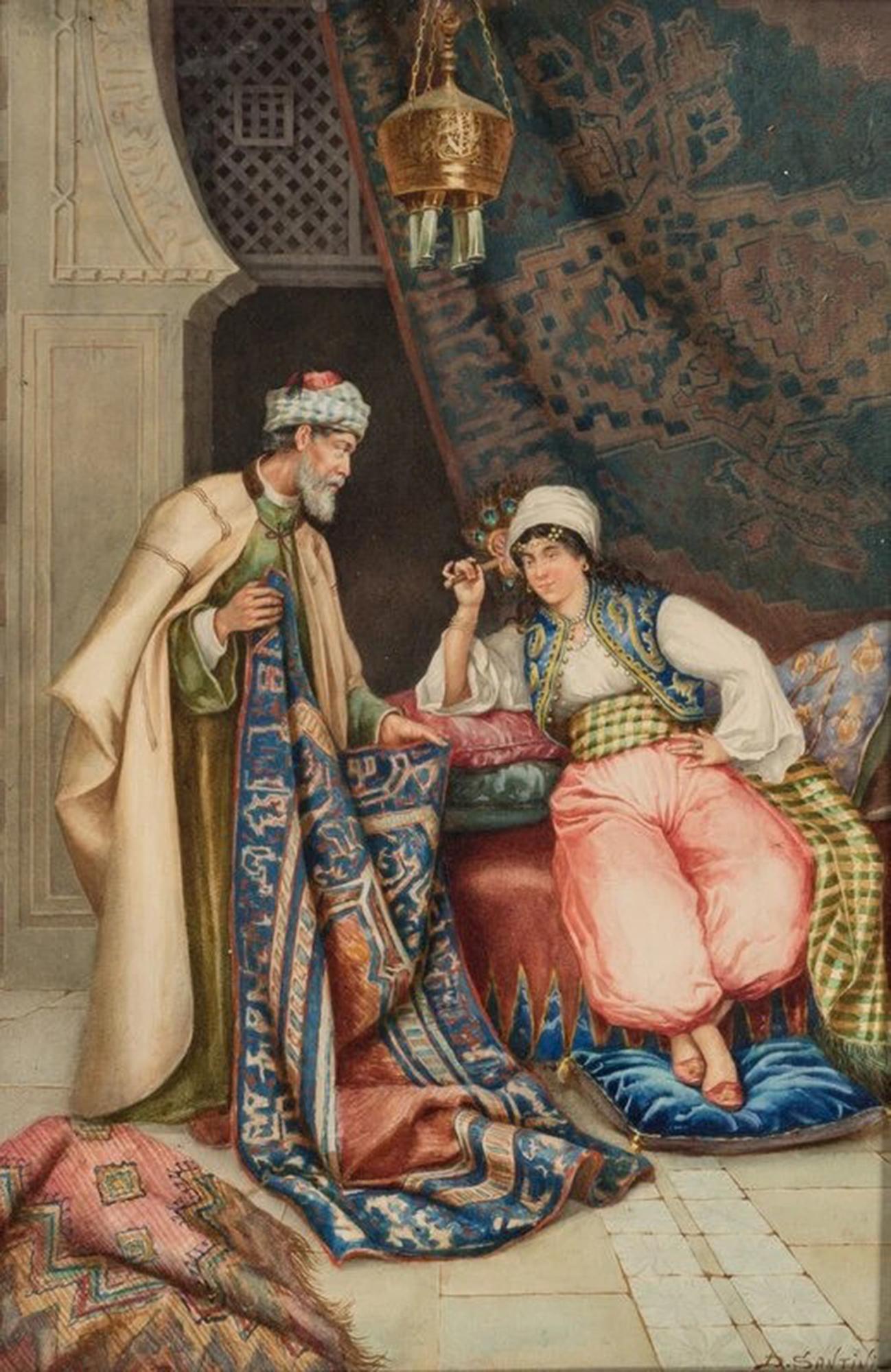 Dario Santini  (Italian, 1874-1924)  Rug Merchant  watercolor  . For Sale 1