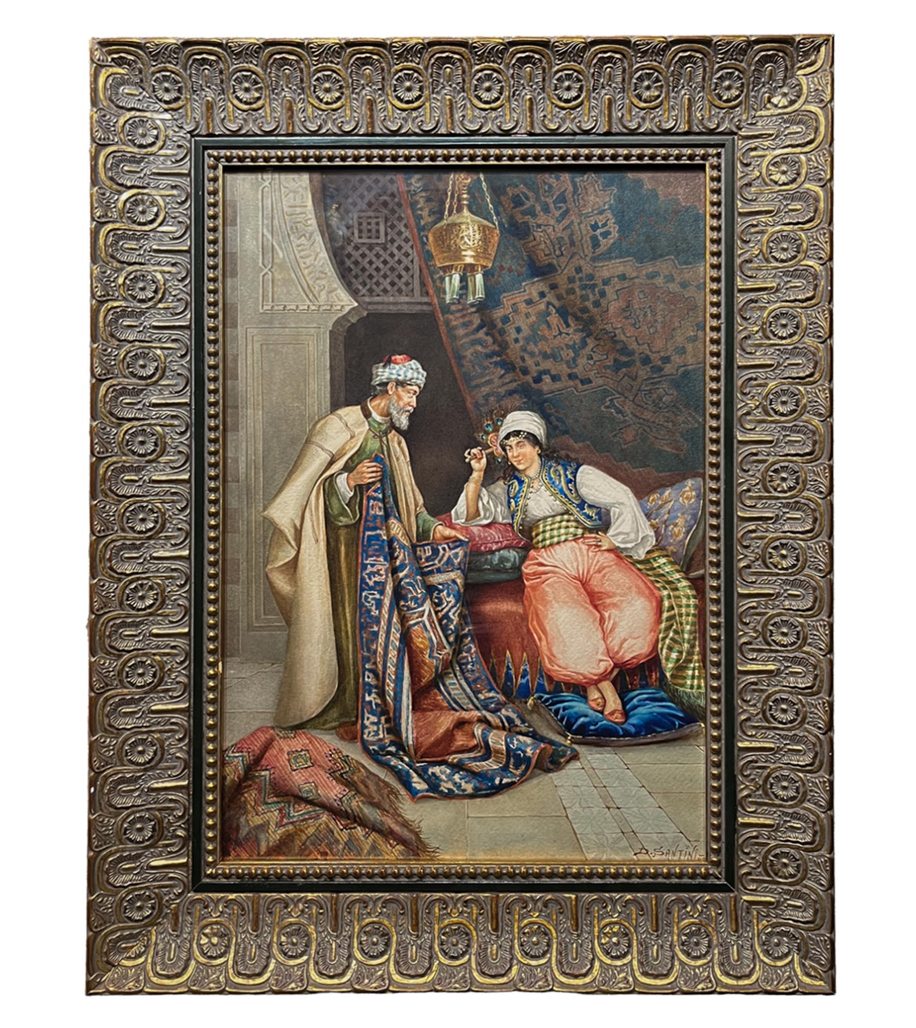 Dario Santini, an Italian painter born in Ancona in 1874, largely focused on subjects of the west in his practice, making an orientalist painting by him rather rare. Skillfully rendered in watercolor, a young man reclines in a stately home, fanning