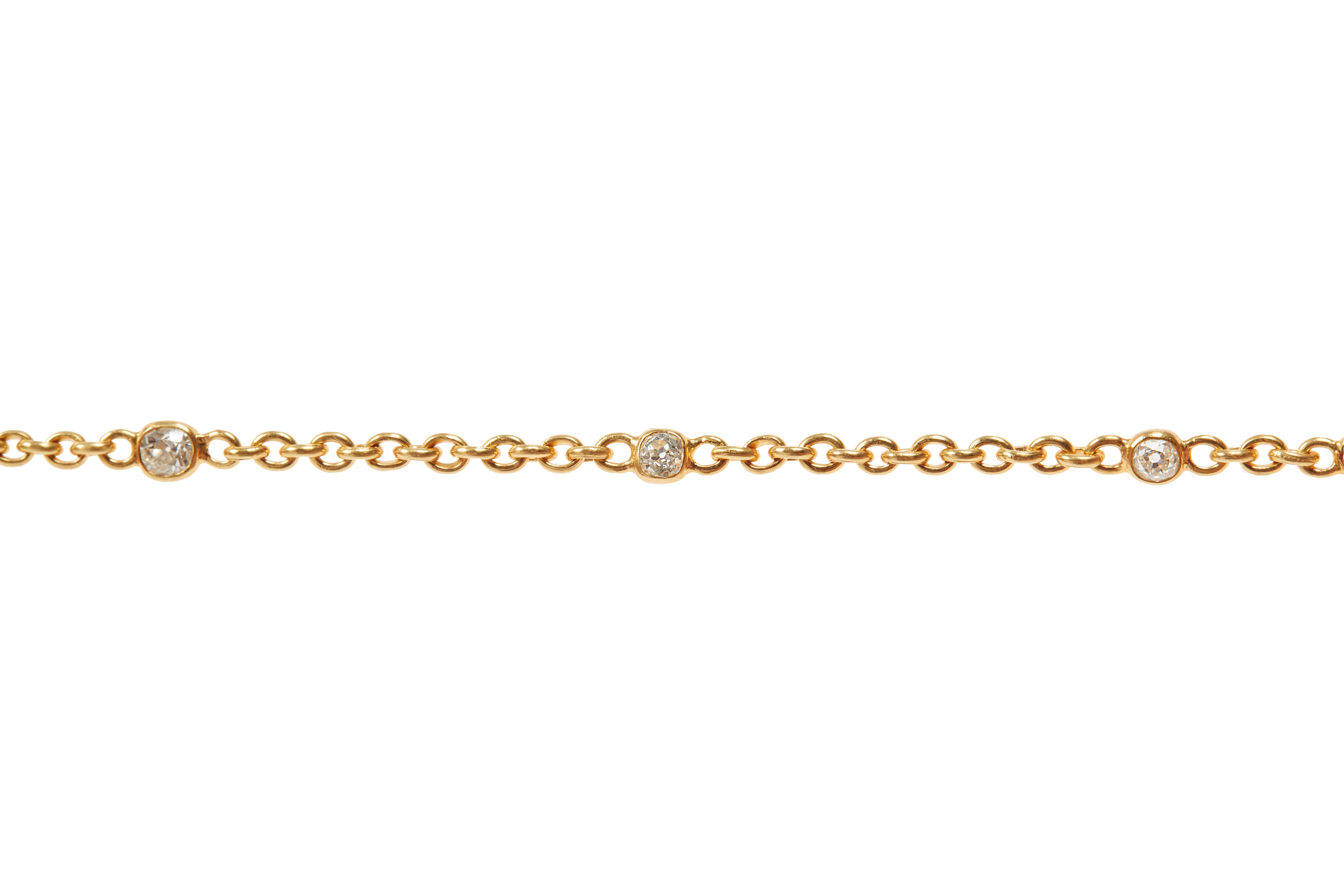 Darius Jewels Diamond Fairy Chain is crafted entirely by hand and includes the designer's signature clasp featuring a double lock closure. 

18K Yellow Gold
2.21cts Antique Old Mine Cut Diamonds
17