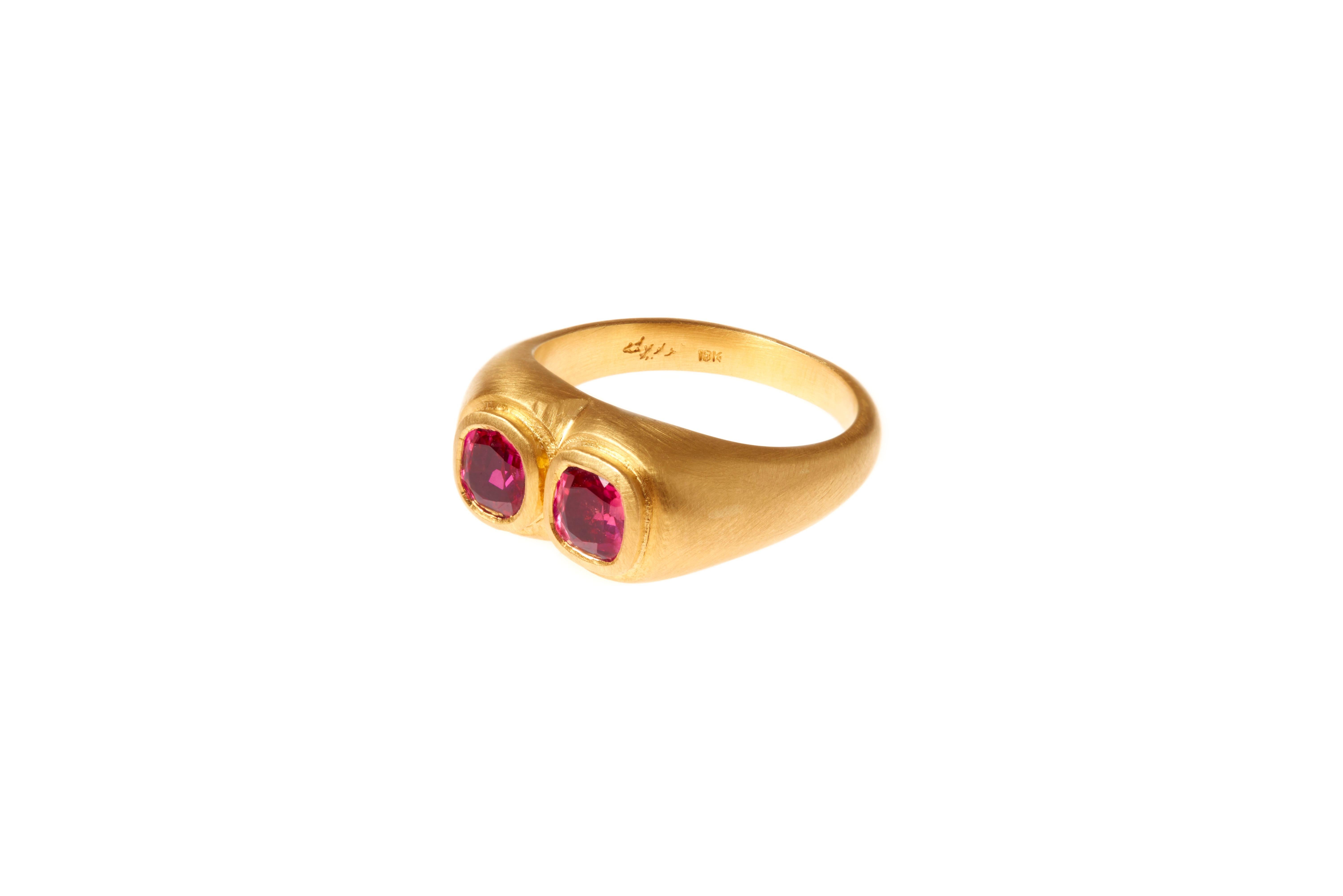 Darius Jewels One of a Kind Double Ruby Ring is crafted entirely by hand. This ring features bezel set Antique Burmese Rubies.

18K Yellow Gold
1.25cts Unheated Antique Burmese Rubies