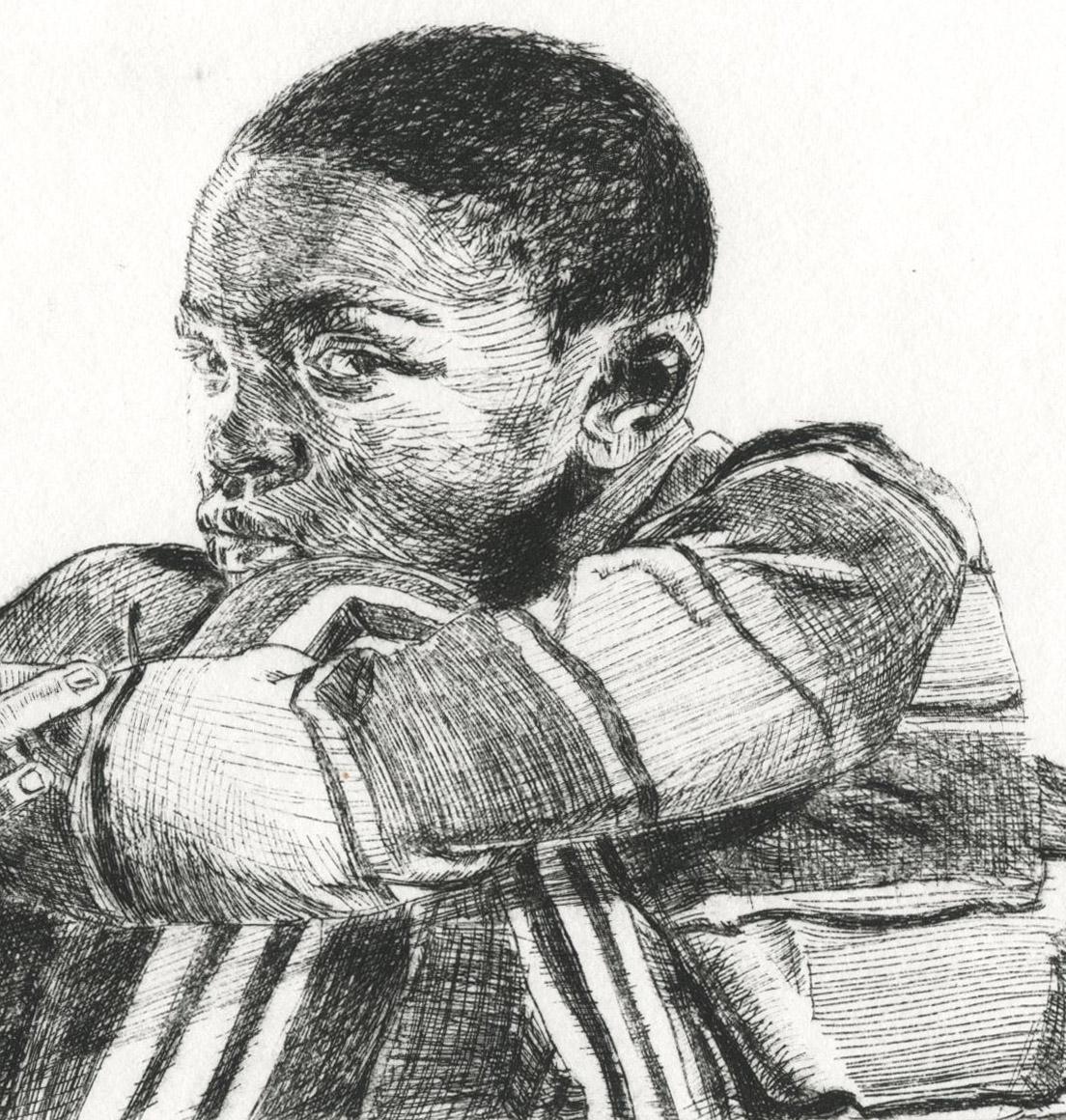Darius at 10
Drypoint, 2022
Signed, titled and numbered in pencil
Printed by Rebekah Wilhelm
Her drystamp lower right
Published by the artist
Edition 14, plus proofs
Condition: Excellent
Plate/Image size: 4 x 5 7/8 inches
Sheet size: 11 1/4 x 9 7/8