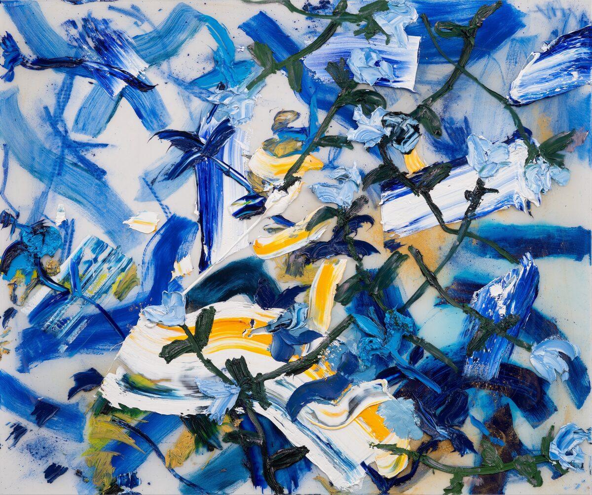 "Otoño Azul 2" Bodegón, Flores Impasto, Tonos Fríos - Mixed Media Art de Darius Yektai