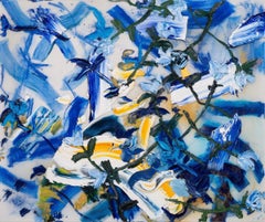 "Blue Fall 2" Still Life, Impasto Flowers, Cool Tones