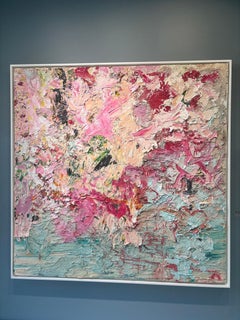 "Abstracto con rosa y cerceta" pintura al óleo a gran escala, colores pastel, amorfos