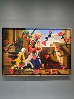 "D'après Poussin : Madone de l'escalier" peinture abstraite, figurative, tons chauds