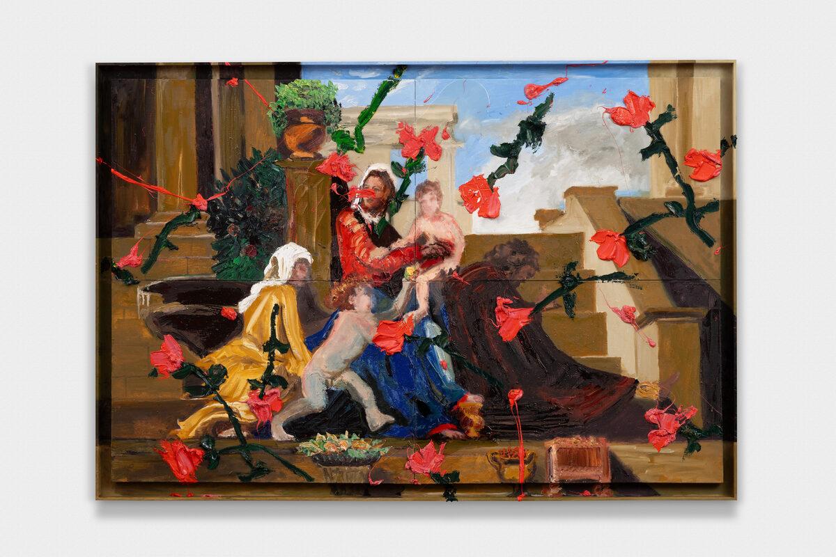 Darius Yektai Figurative Painting – "Nach Poussin: Madonna der Treppe" Abstrakte, figurative Malerei, warme Töne