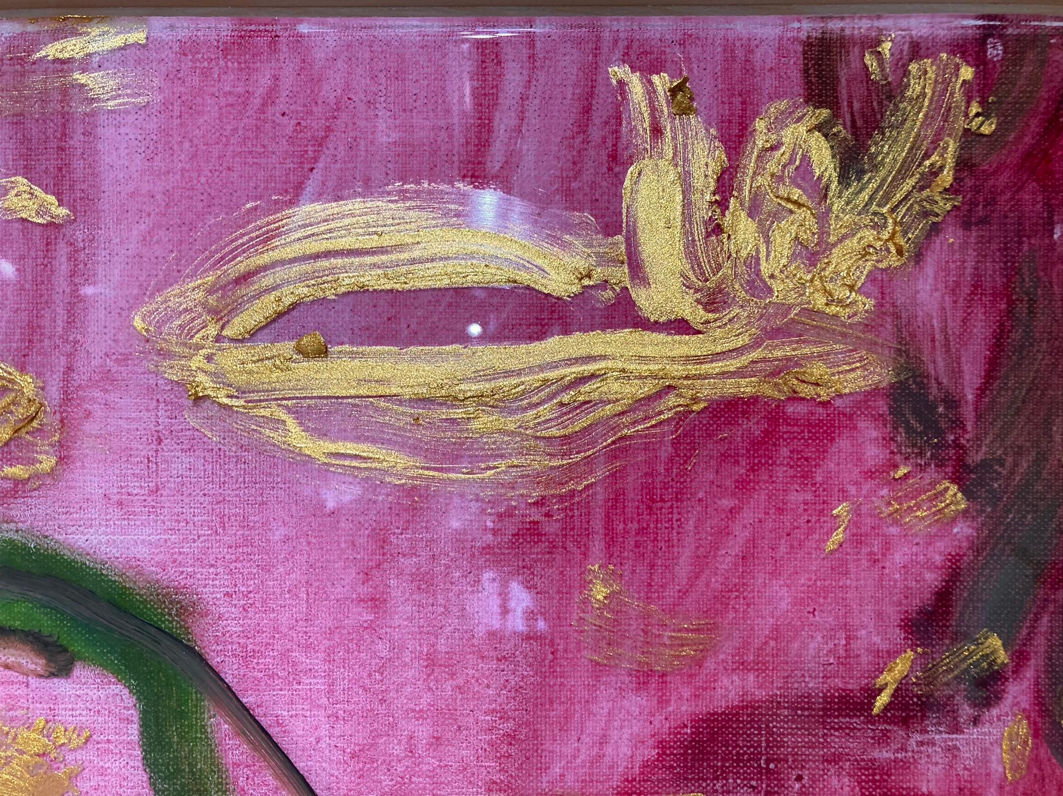 Pintura abstracta representativa de un estanque de nenúfares. El fondo de esta obra está formado por ligeras pinceladas de pintura de alizarina, más opaca en algunas zonas. La resina epoxi cubre el 