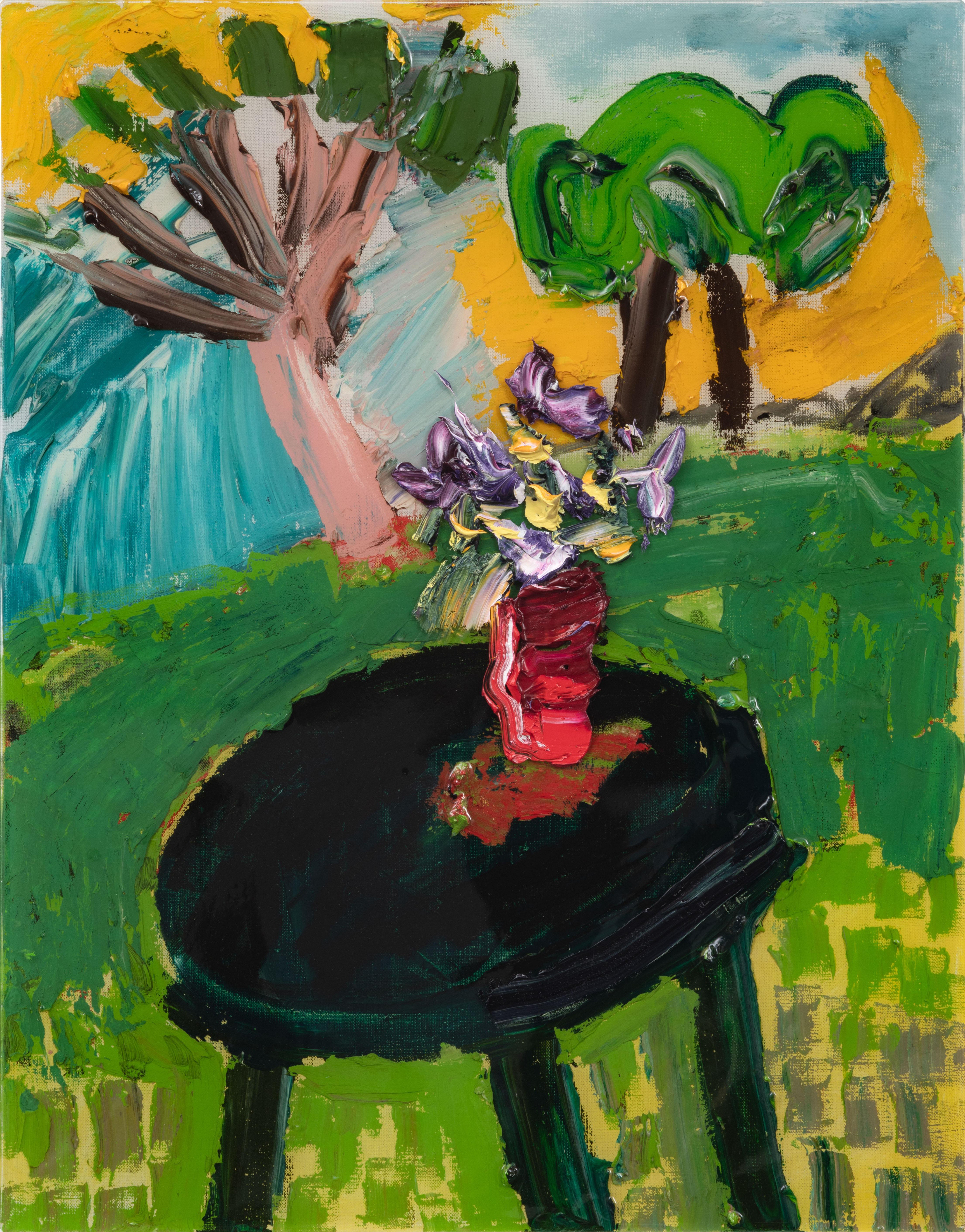 Darius Yektai Still-Life Painting - Black Table, Green Hill