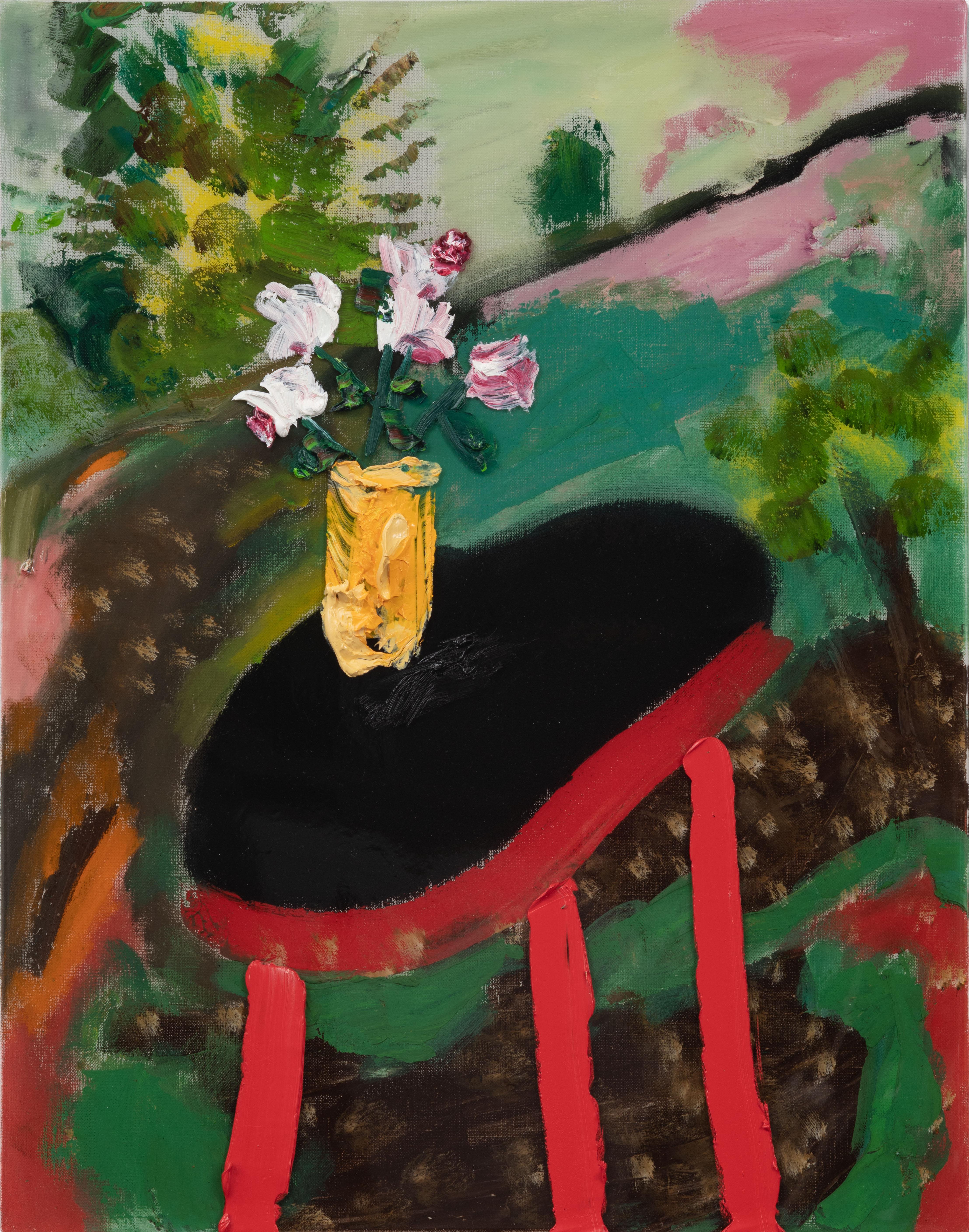 Darius Yektai Abstract Painting - Black Table Red Legs