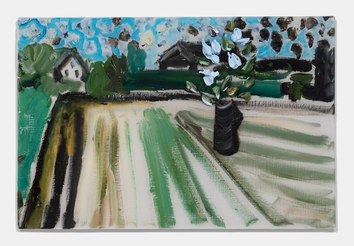 Darius Yektai Landscape Painting – Blaue blaue Blumen in schwarzer Vase