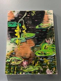 "Boy Reflection" oil and resin painting, mirrored portrait atop a Lily Pond