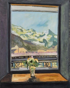 "Chamonix Window" Oil painting, Interior Still Life, Mountain Landscape, France