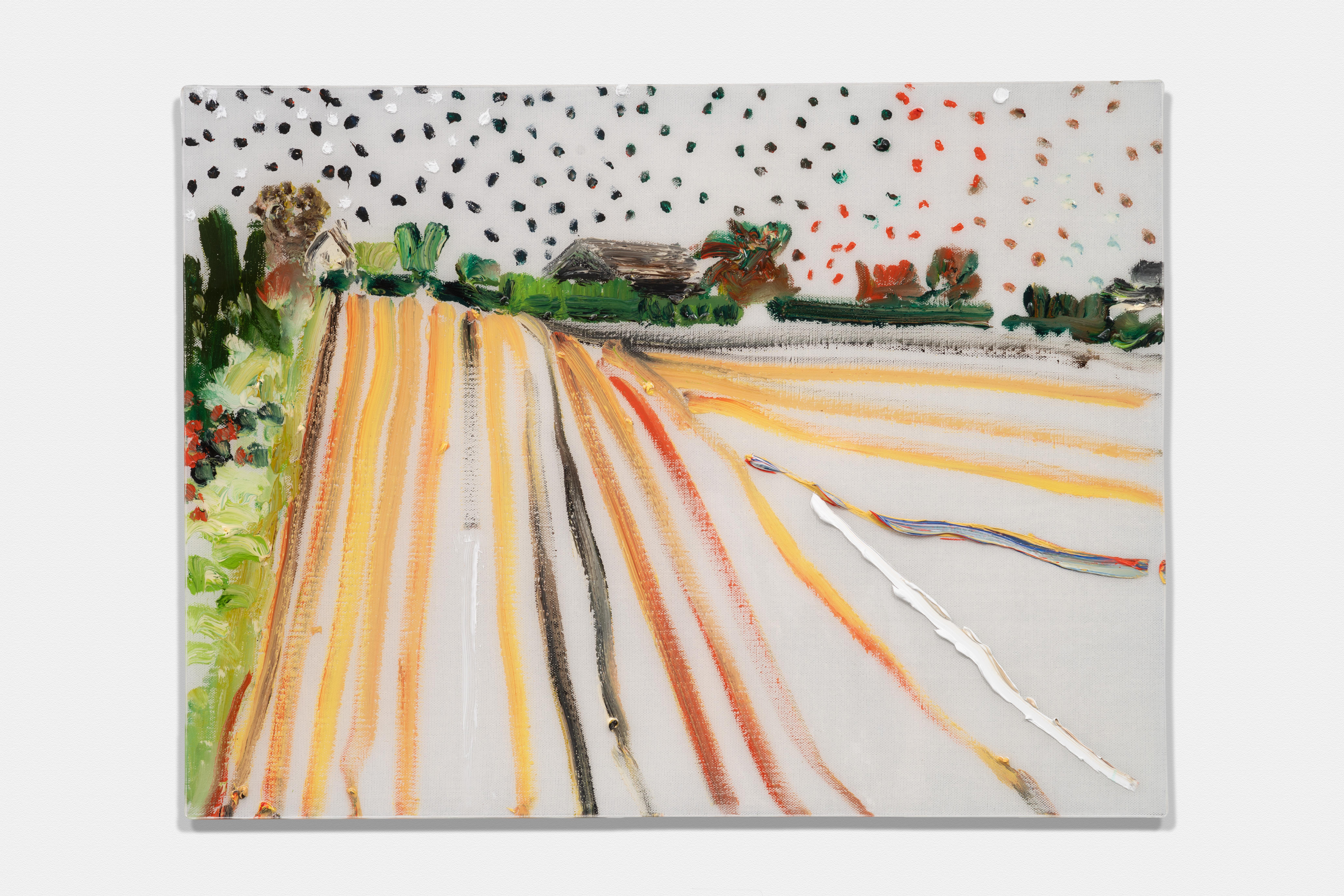 "Daniels Lane" peinture contemporaine à l'huile sur résine paysage agricole moderne et coloré.