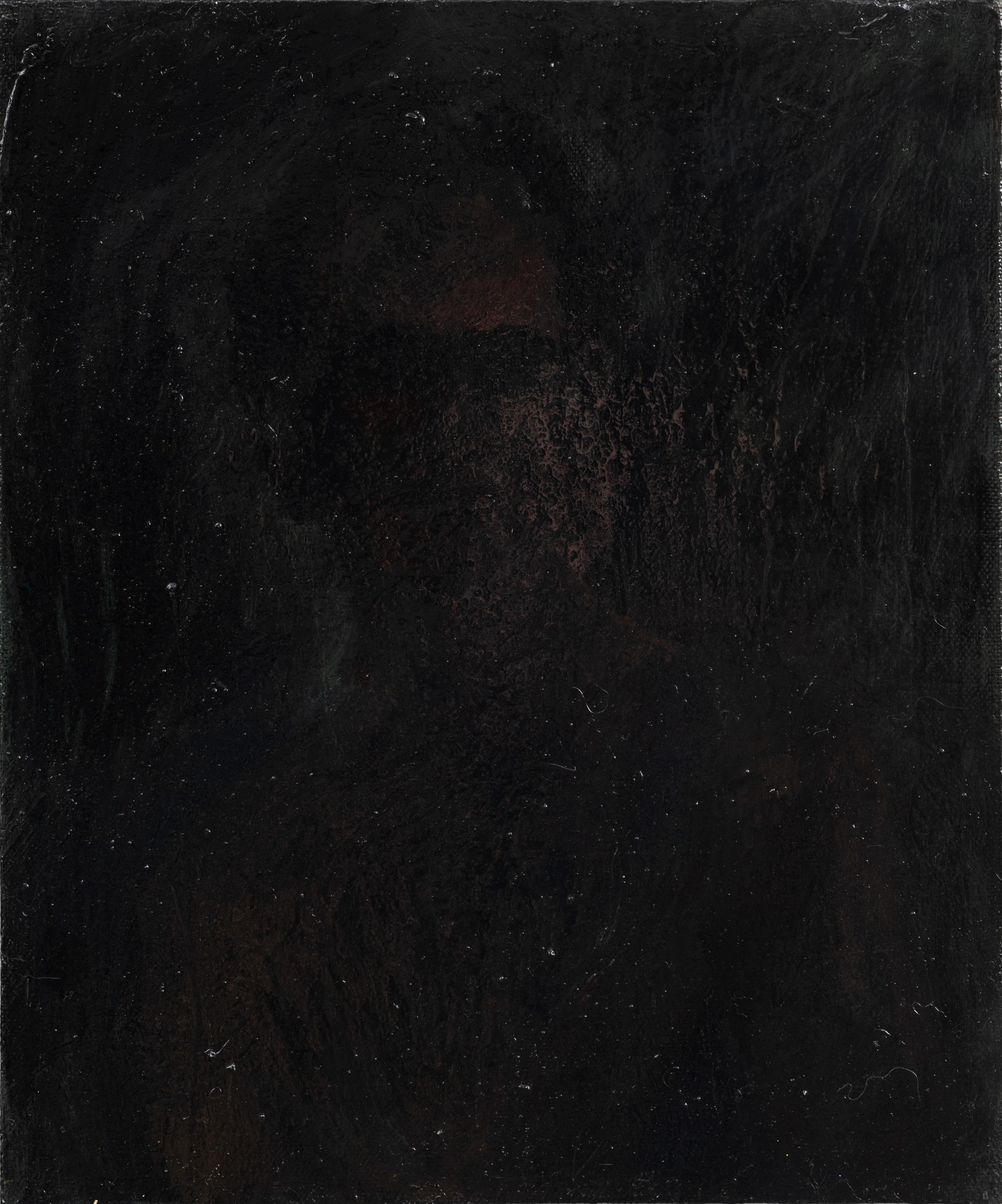 "Dark Self" Pittura ad olio postmoderna, un autoritratto opaco dell'artista su sfondo nero.