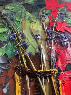 "Delphiniums In Glass Vase" peinture expressionniste contemporaine de nature morte.