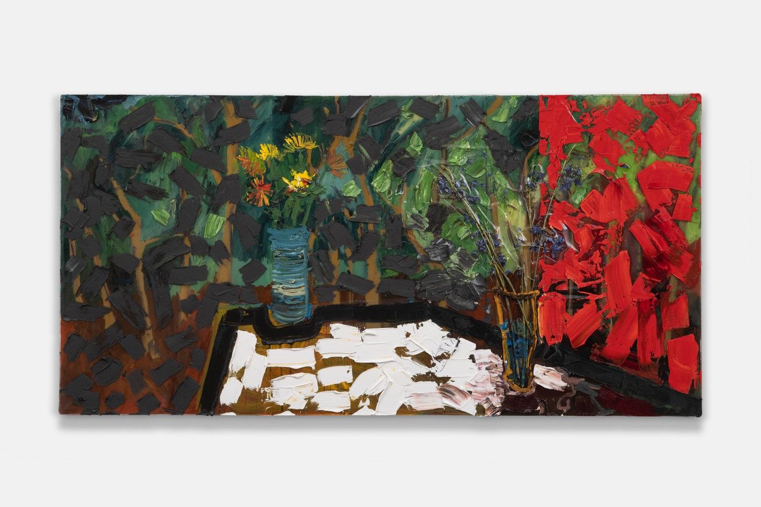 "Delphiniums In Glass Vase" quadro di natura morta espressionista contemporaneo