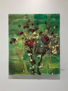 "Dozen Roses on Green" oil, resin, linen, dried flowers - romantic aesthetic