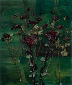 "Dozen Roses on Green" oil, resin, linen, dried flowers - romantic aesthetic