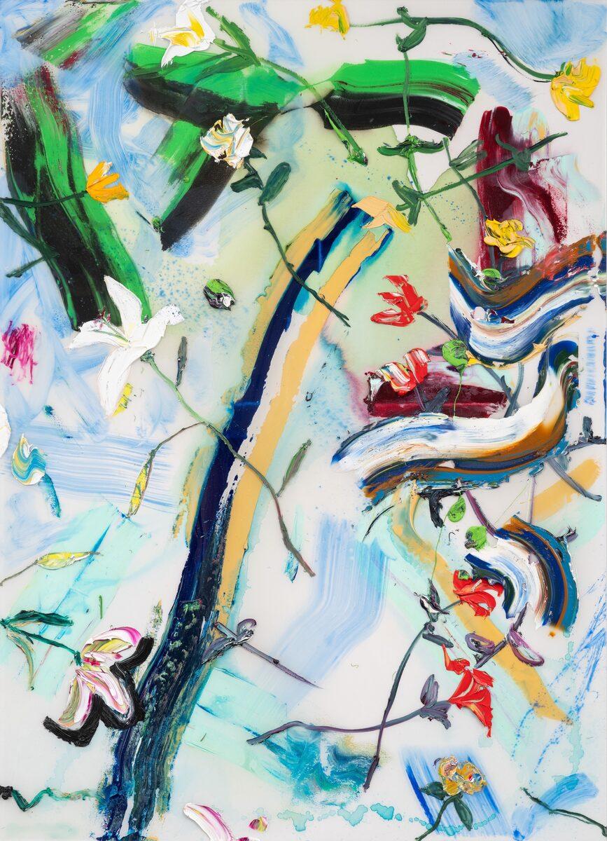 "Rosa di giglio cadente" fiori astratti espressionisti a impasto, toni freddi