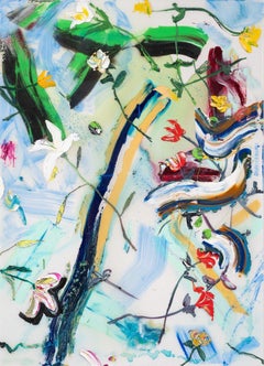 "Falling Lily Rose" flores abstractas expresionistas empastadas, tonos fríos