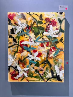 "Falling Lily Rose" sculptural oil painting of flowers, lily-pads, warm tones