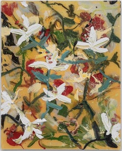"Falling Lily Rose" sculptural oil painting of flowers, lily-pads, warm tones