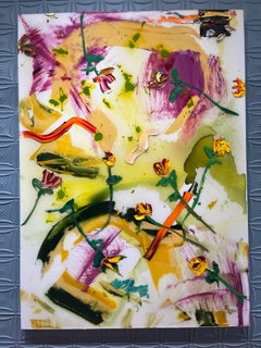 "Falling Sunset Horizons" abstract expressionist impasto flowers, warm tones