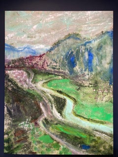 "First View of Switzerland" large scale painting of Swiss Alps from train window