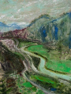 "First View of Switzerland" large scale painting of Swiss Alps from train window