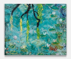 "Floating Blue Willow Lily" bright abstract waterlily painting, reflective 3D
