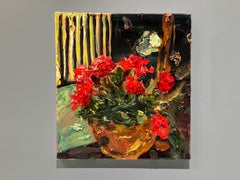 "Geraniums 1" Oil Painting, Thick Impasto Layers, Signed Verso, 24x22 Inches
