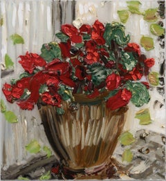 ”Geraniums Against White Wall” still life, red flowers, Yektai, oil painting