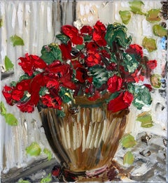 ”Geraniums Against White Wall” still life, red flowers, Yektai, oil painting