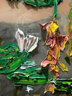 "Girl Reflection" oil and resin painting, upside down portrait with waterlilies