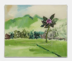 "Tavolo di vetro" pittura contemporanea, natura morta all'aperto, resina testurizzata e olio