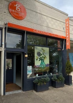 "Green Glass Vase" large-scale still life of flowers, mountain landscape, signed