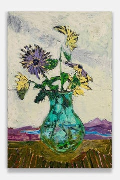 "Green Glass Vase" large-scale still life of flowers, mountain landscape, signed