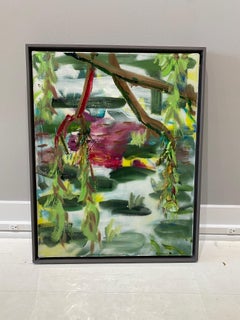 "Green Lilies, Magenta Barn" 2022 oil and resin painting, abstract landscape