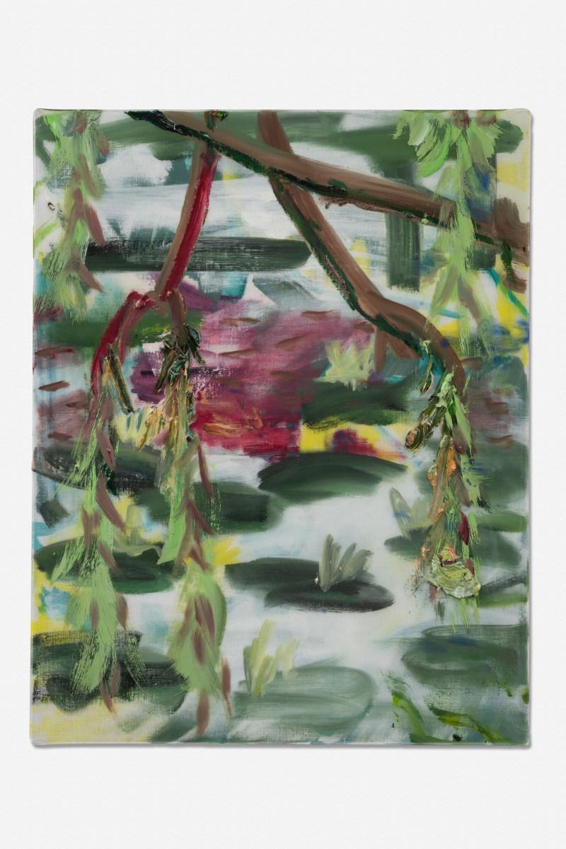 « Green Lilies, Magenta Barn » 2022, peinture à l'huile et à la résine, paysage abstrait