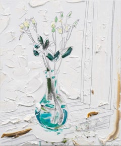 "Greenglass Vase" Abstract painting of flowers in glass vase with thick impasto