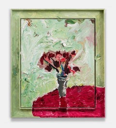 "Grey Vase on Red Table" still life of red flowers in vase on green background