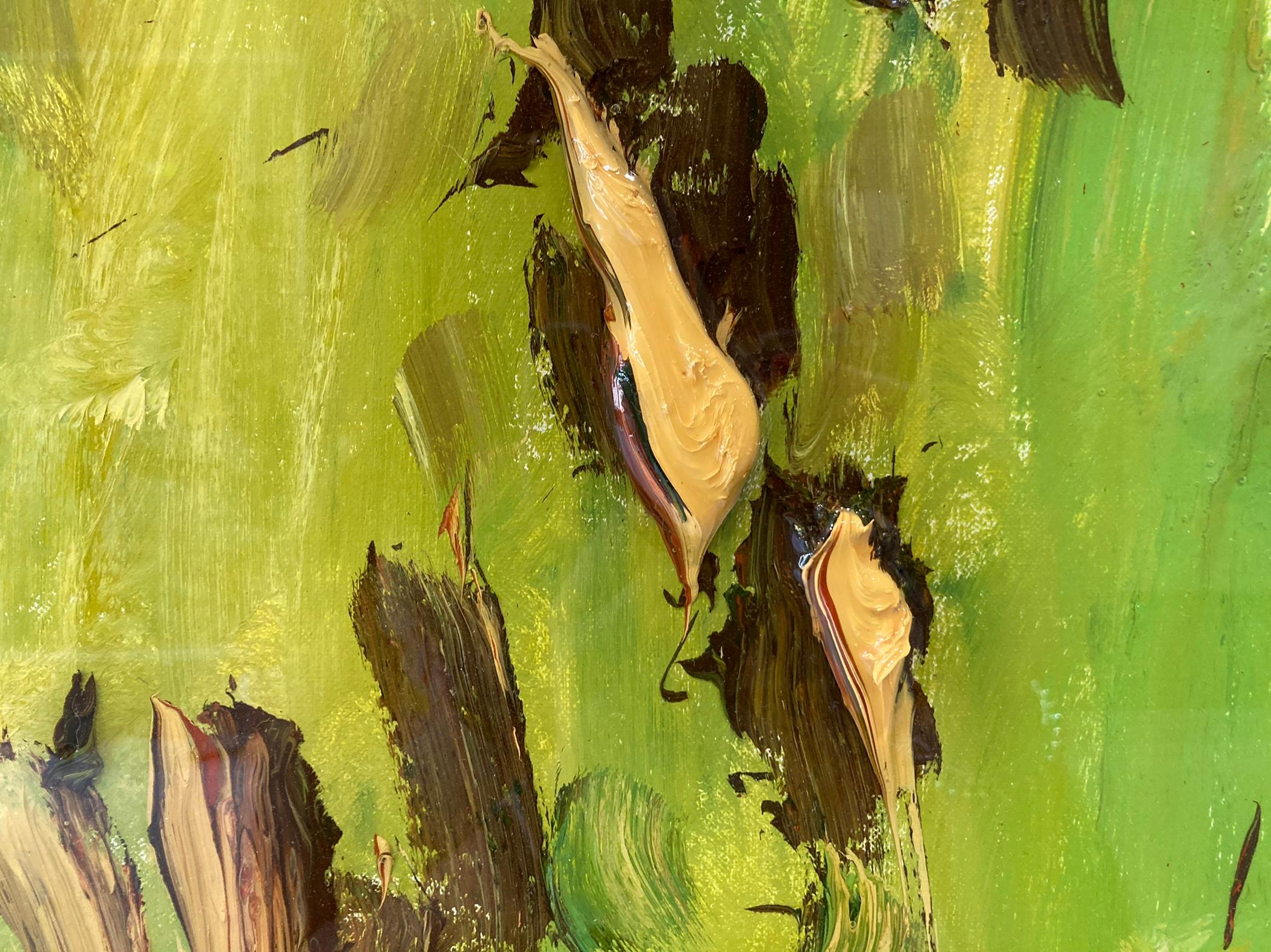 Pintura abstracta al óleo sobre lienzo y resina. Este paisaje abstracto tiene mucha profundidad, ¡literalmente! Las capas de pintura y resina se construyen unas sobre otras, y las capas superiores proyectan sombras por debajo. La pintura inicial se