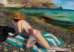 “Kasos 2” Figurative painting of a woman wearing a sun hat sunbathing on a beach