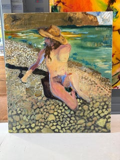 "Kasos 6" Oil Painting, Resin, Reclined Nude Woman, Beach Scene, 44x50 in