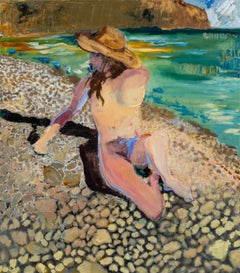 "Kasos 6" Oil Painting, Resin, Reclined Nude Woman, Beach Scene, 44x50 in