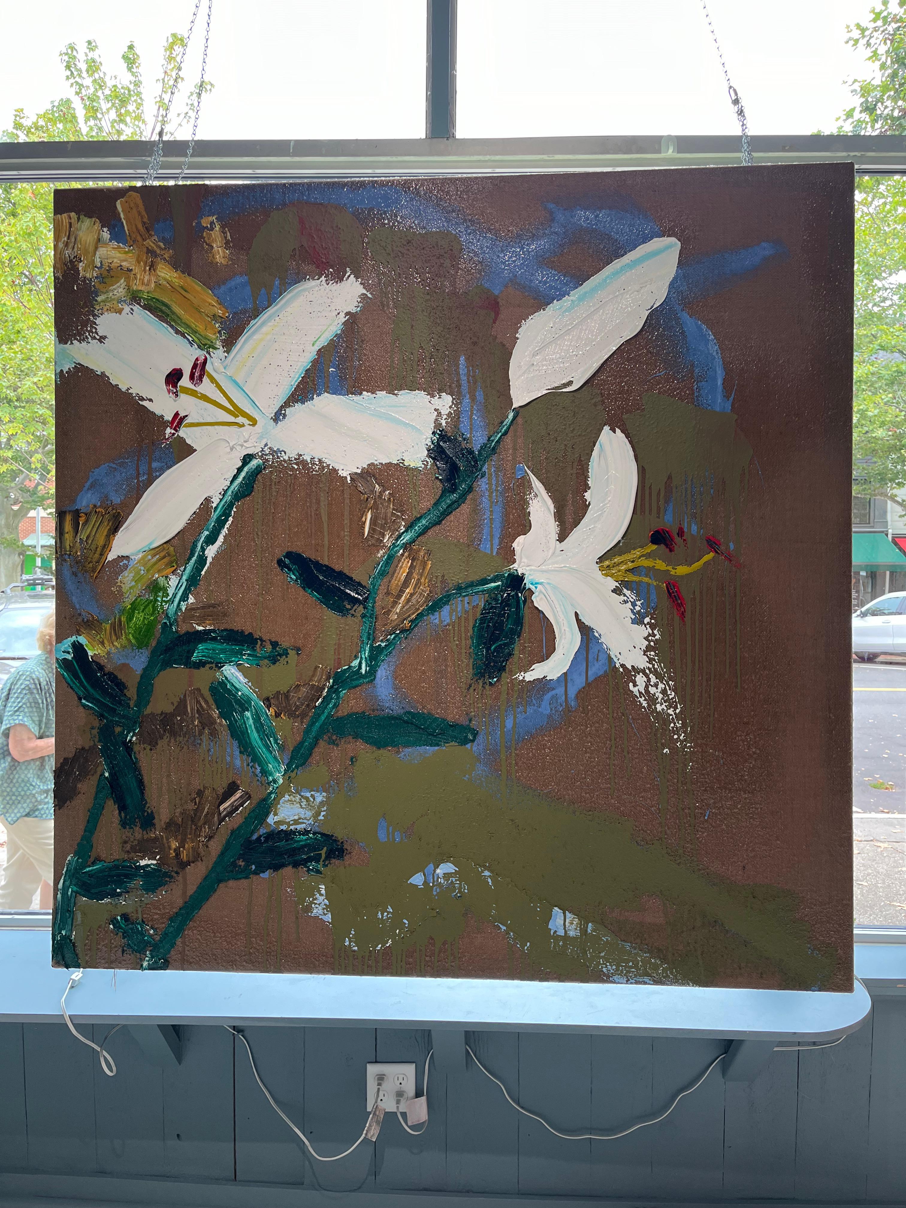"Large Lilies Jute Square" abstract expressionist still life, thick impasto