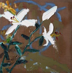 "Large Lilies Jute Square" abstract expressionist still life, thick impasto