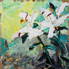 "Large Lillies Square" abstract expressionist still life of impasto lilies